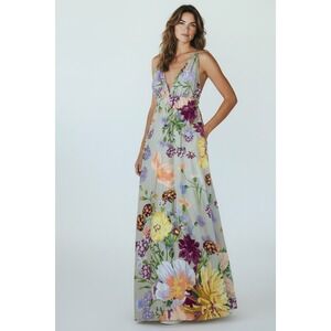 Floral Maxi Dress Womens Small Multicolor Lace Up Back Lined Maxi